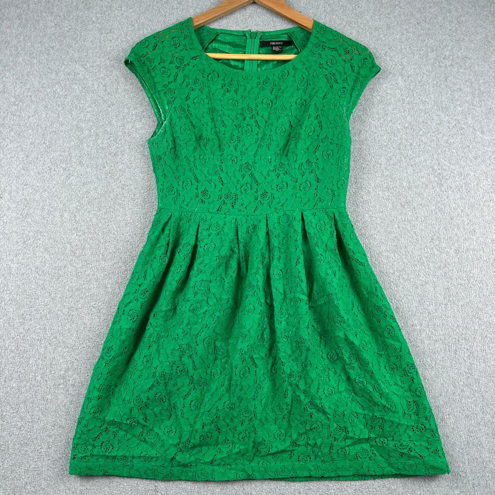 Forever 21 Dress Womens Small Green Lace Cap Sleeve Fit Flare Mini Cocktail